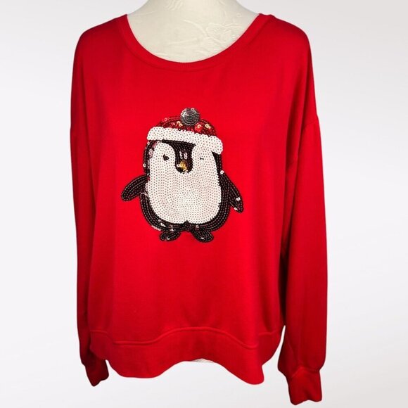 Tahari Sequin Penguin Sweatshirt Red Meduim - Picture 1 of 11